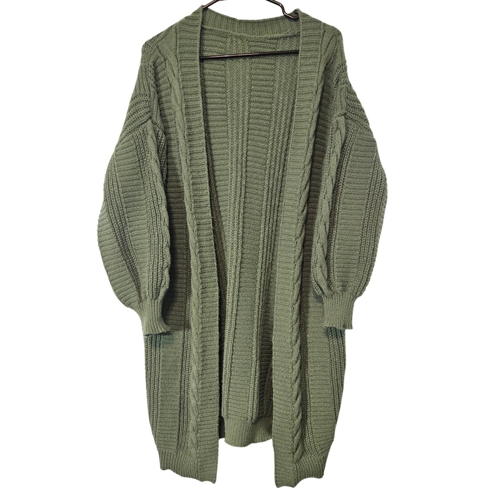 SHEIN Women Aqua Green Cable Knit Longline Open Front Balloon Sleeve Cardigan M